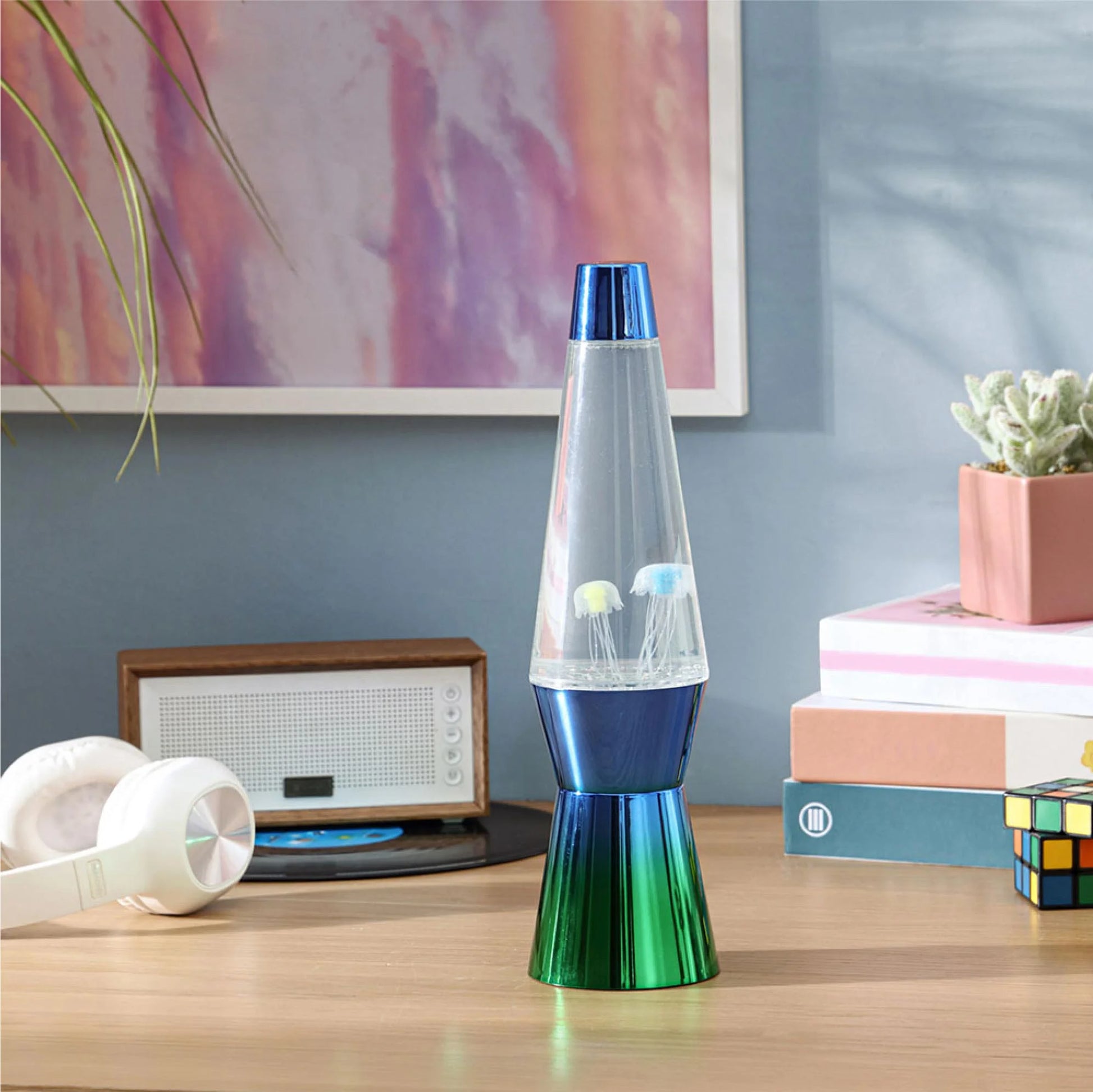 13" Blue and Green Ombre Jellyfish Motion Lamp, Pre-Filled and USB Powered, Incandescent Bulb