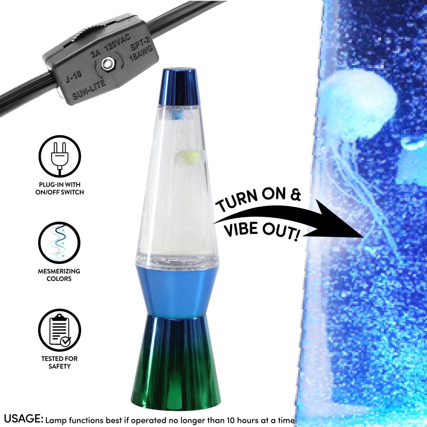 13" Blue and Green Ombre Jellyfish Motion Lamp, Pre-Filled and USB Powered, Incandescent Bulb