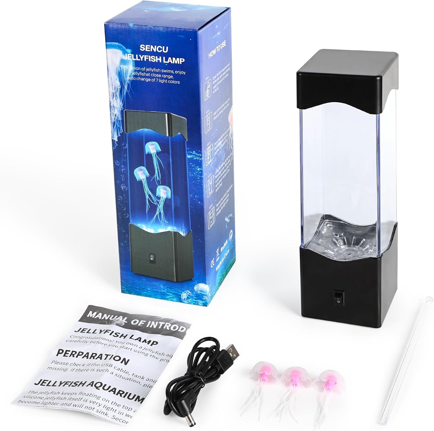 Gifts for Adults Kids, Multi-Color Jellyfish Lamp, USB Powered Aquarium Night Lights with 3 Jellyfish,Jelly Fish Tank Light Lamp Bedroom Office Room Desktop Decoration Mood Lamp for Stress Relief