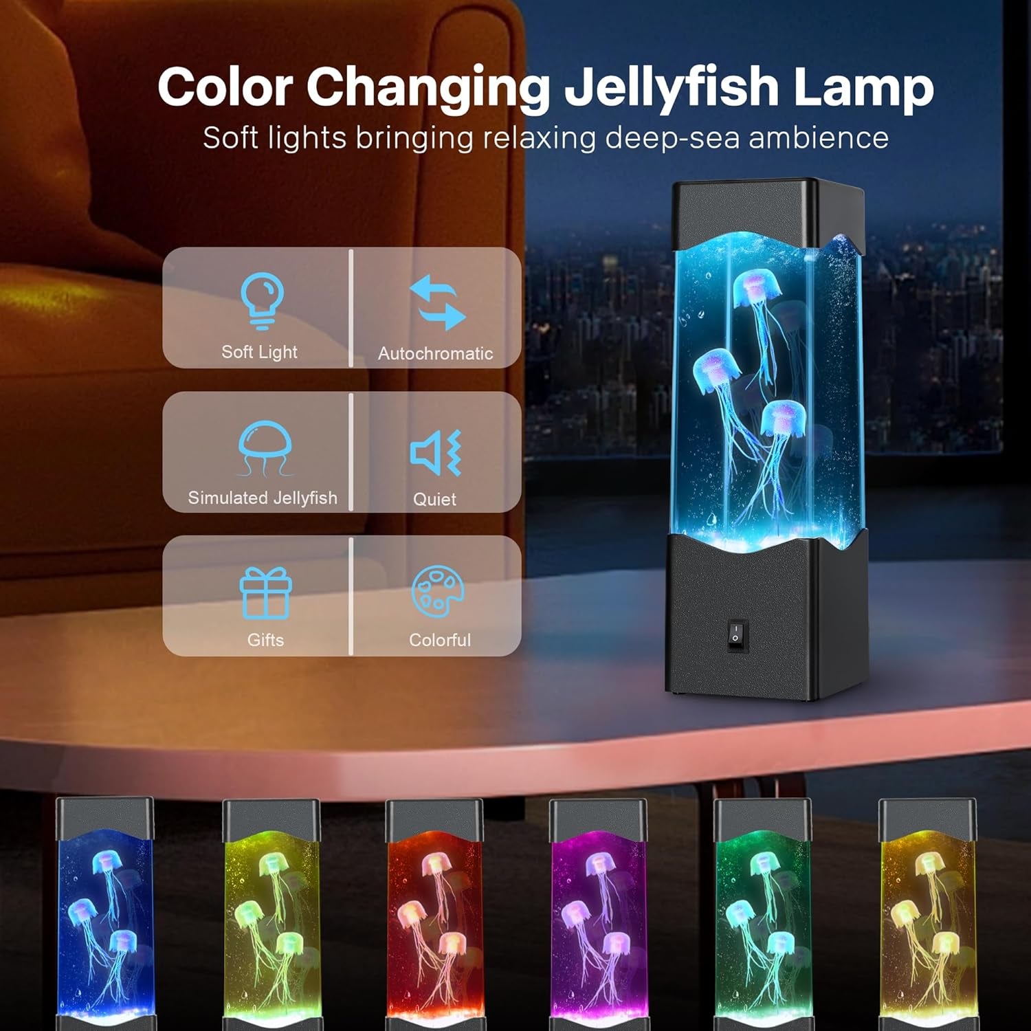 Gifts for Adults Kids, Multi-Color Jellyfish Lamp, USB Powered Aquarium Night Lights with 3 Jellyfish,Jelly Fish Tank Light Lamp Bedroom Office Room Desktop Decoration Mood Lamp for Stress Relief